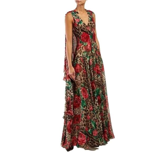 NWT Dolce & Gabbana Rose Leopard Print Silk Chiffon Gown Dress IT 48 - Picture 1 of 16